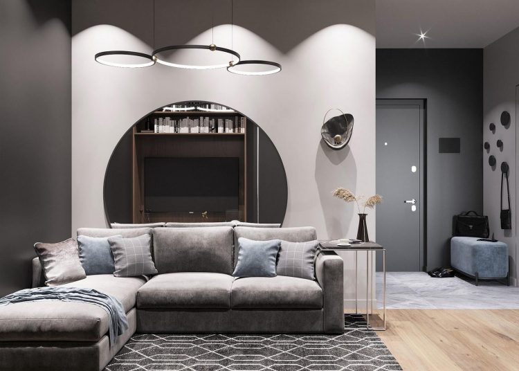 Otthonosan férfias dekoráció kontrasztos színvilággal, szürke, fehér és fa ízléses kombinációja 44m2-en