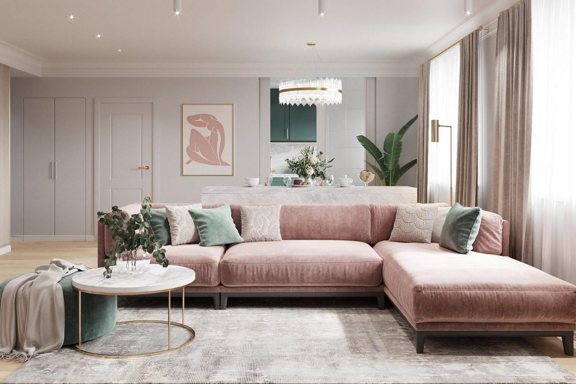 Púderes és zöld színárnyalatok nagyon szép kombinációja ötfős család 115m2-es otthonában