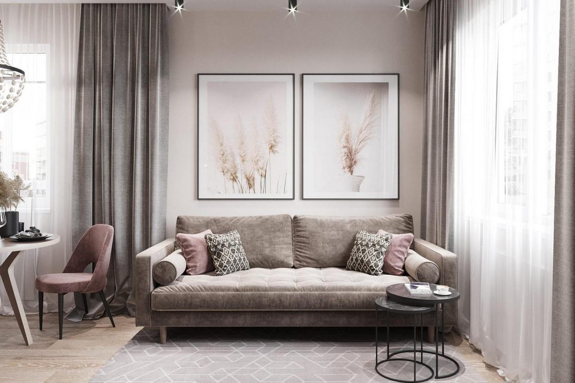 Szürke és lágy púderes színárnyalatok szép harmóniája 44m2-es, kétszobás lakásban