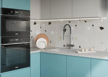 Türkiz előszoba, szürke fürdőszoba, kreatív megoldások - stílusos kis lakás berendezés 41m2-en