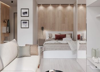 Fehér falak, meleg fa textúrák, márvány minta és tükrök szép kombinációja 33m2-es, egyszobás lakásban