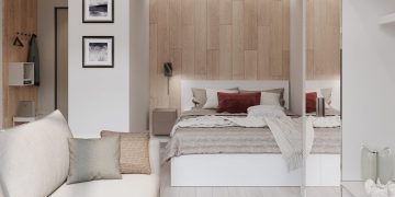 Fehér falak, meleg fa textúrák, márvány minta és tükrök szép kombinációja 33m2-es, egyszobás lakásban