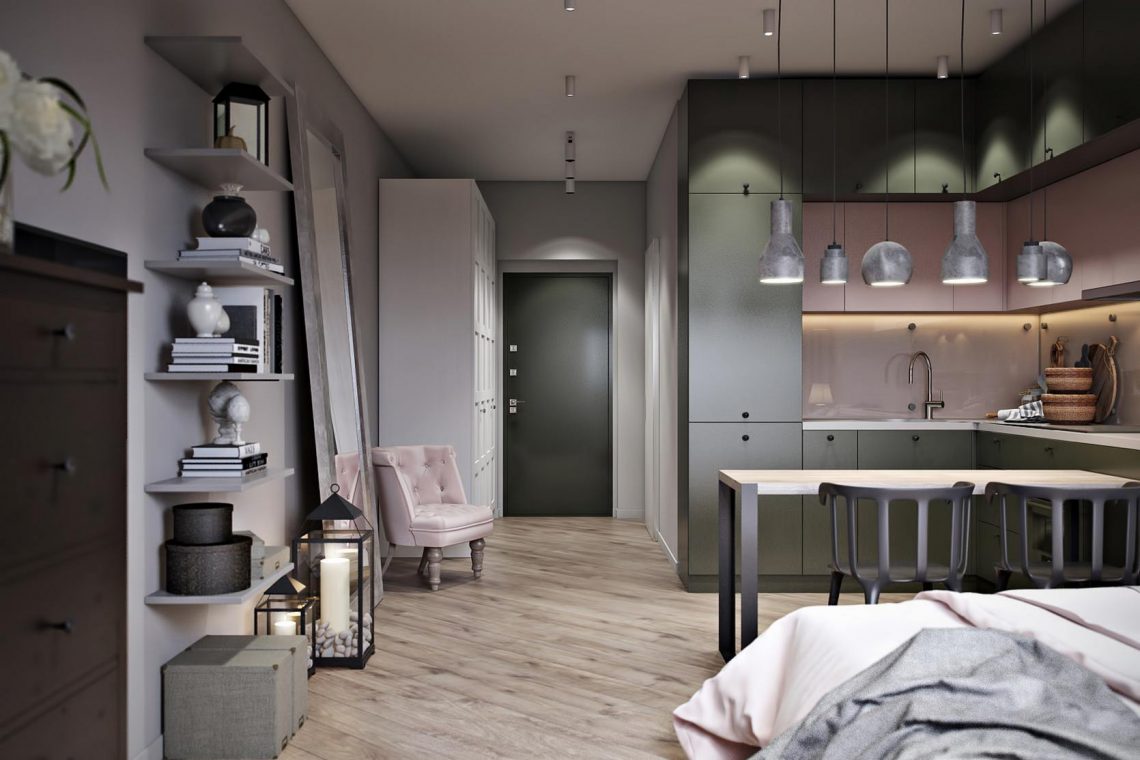 Pink és sötét tengerzöld színek remek párosítása fiatal lány 30m2-es stúdiólakásában