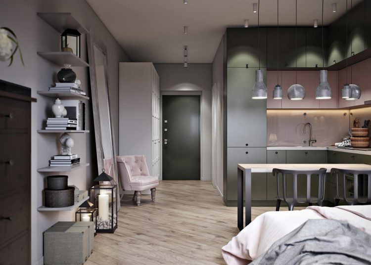 Pink és sötét tengerzöld színek remek párosítása fiatal lány 30m2-es stúdiólakásában