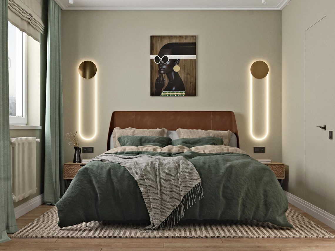 Nyugodt bézses szürke és természetes zöld színárnyalatok elegáns és szép párosítása 43m2-es lakásban