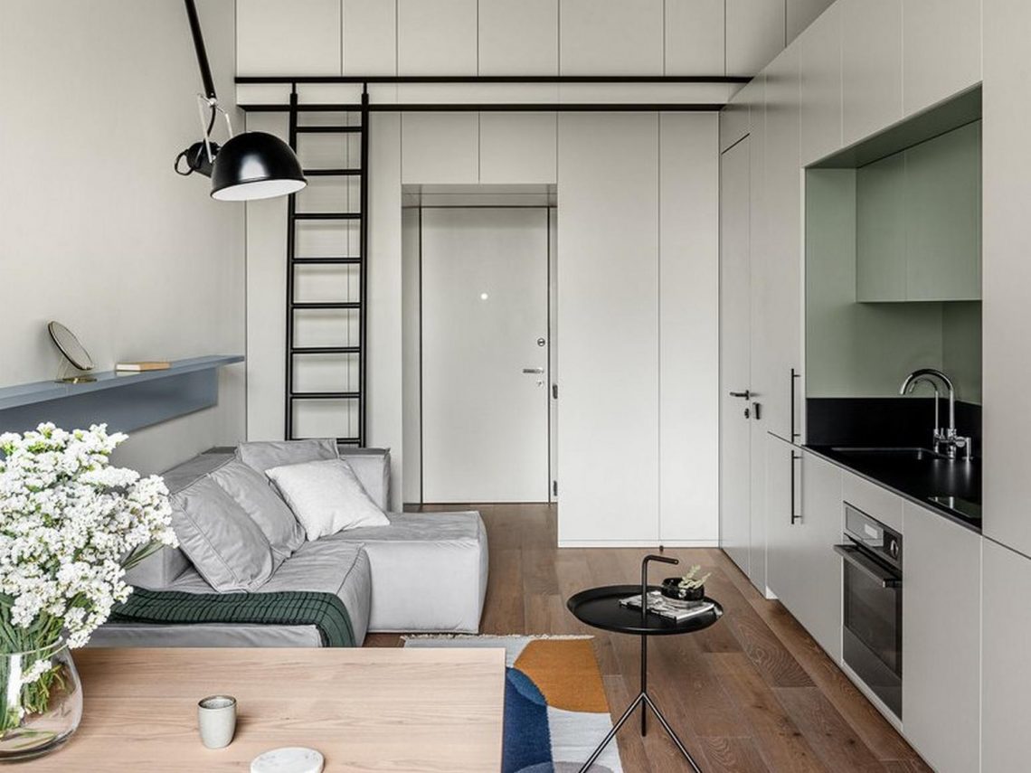 Modern, minimalista lakberendezés 38m2-en, egyedi bútorokkal és megoldásokkal