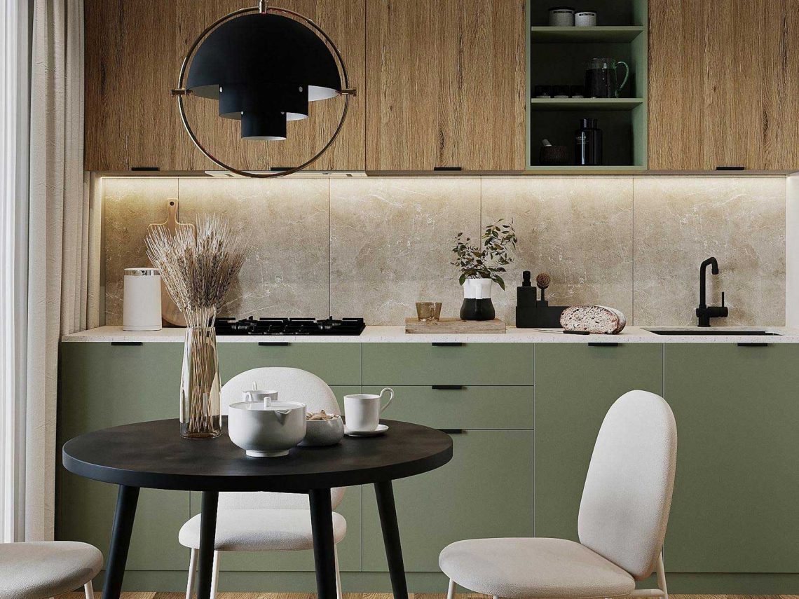 Divatos, kellemes bézs és zöld színpaletta, otthoni munkahely 46m2-es, egyszobás lakásban