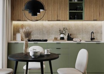 Divatos, kellemes bézs és zöld színpaletta, otthoni munkahely 46m2-es, egyszobás lakásban