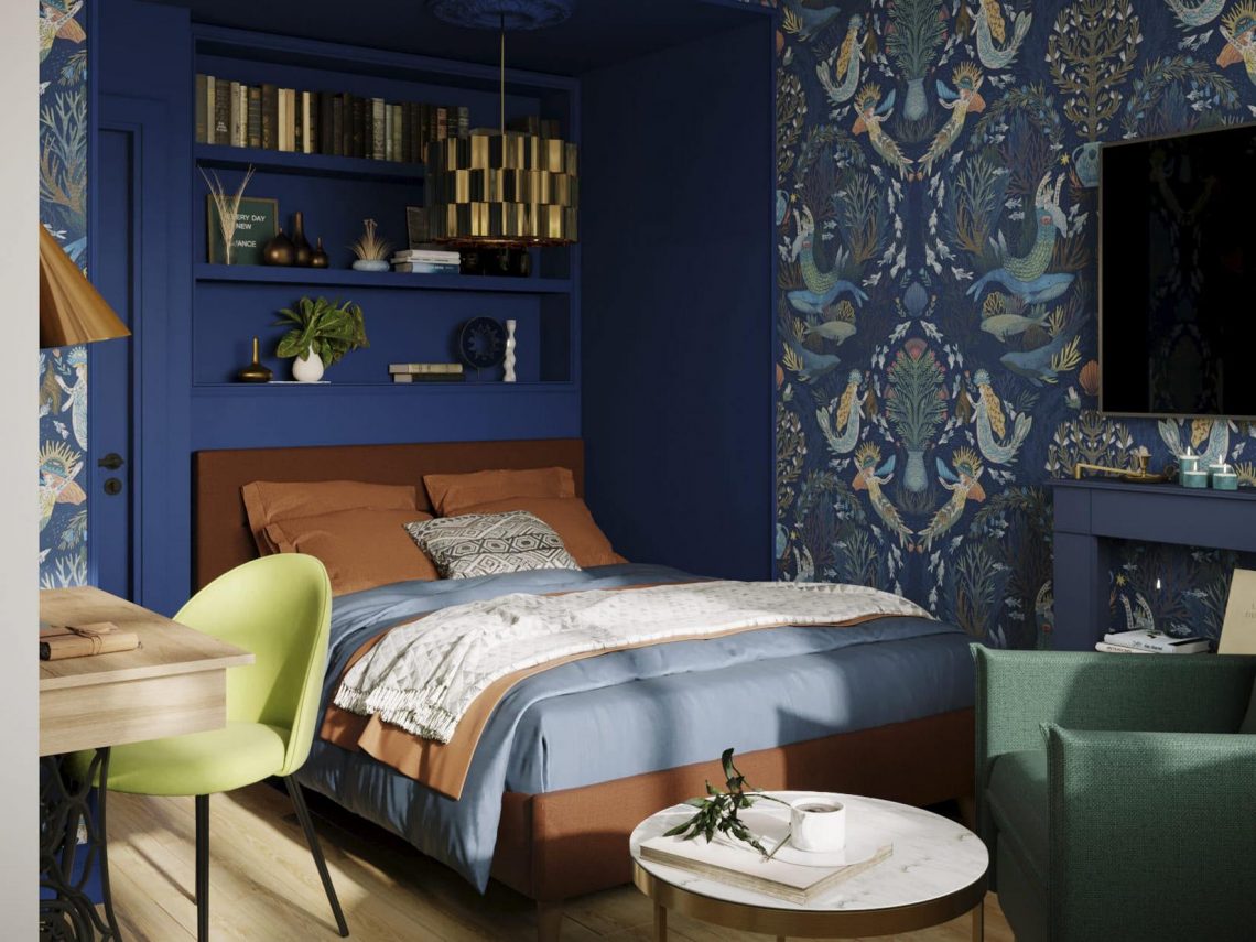 Gyönyörű mély színek 31m2-es kis lakásban - harmonikus, otthonos berendezés