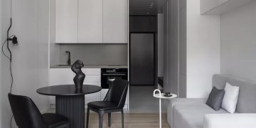 Modern, minimalista berendezés 30m2-es új építésű kis lakásban, fiatal férfi otthona