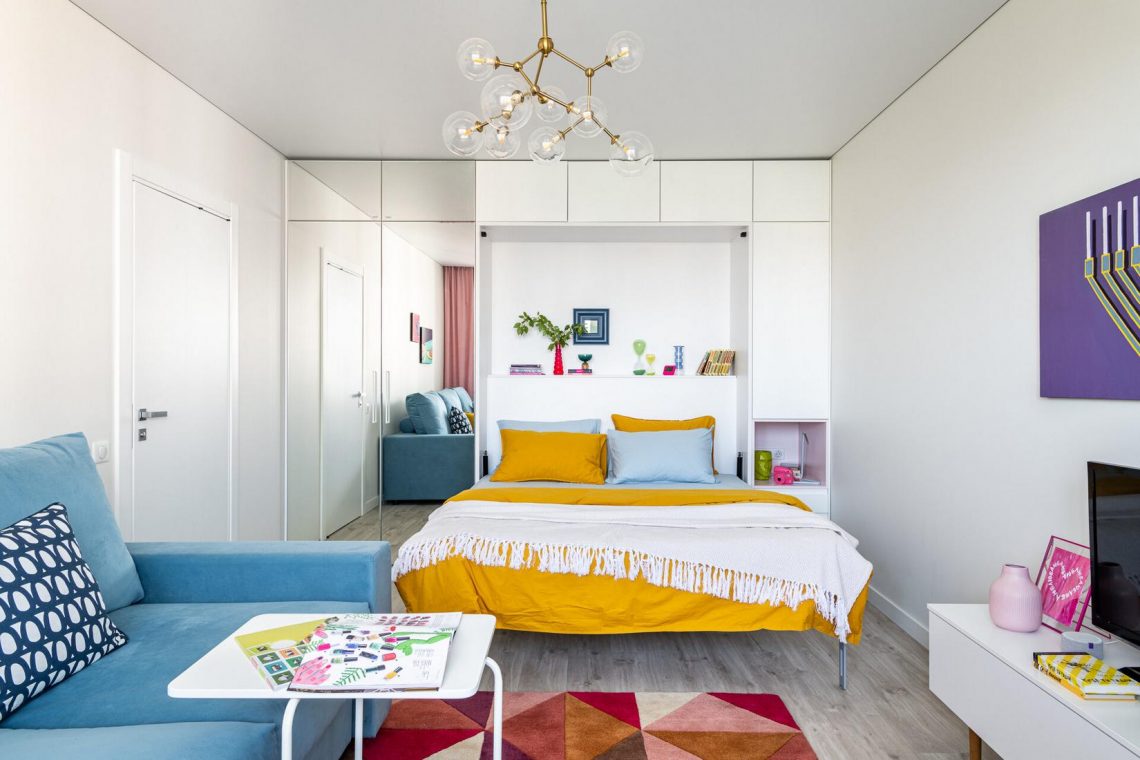 Panellakás vidám, fiatalos berendezéssel - 40m2-es, egyszobás otthon szekrényággyal