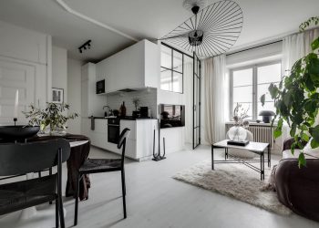 Stílusos fekete-fehér színpaletta, nyitott tér, pici hálószoba hatalmas üveg ajtóval - 38m2-es lakás skandináv lakberendezéssel