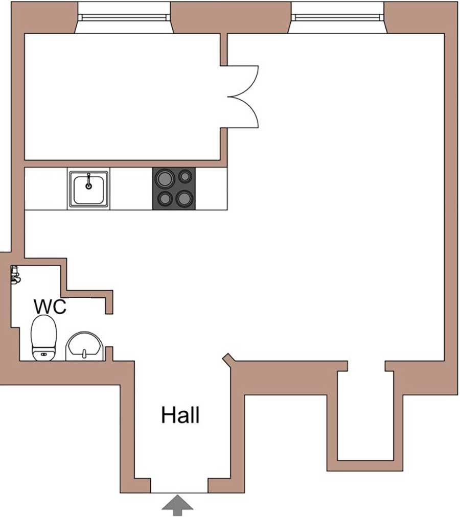 Stílusos fekete-fehér színpaletta, nyitott tér, pici hálószoba hatalmas üveg ajtóval - 38m2-es lakás skandináv lakberendezéssel