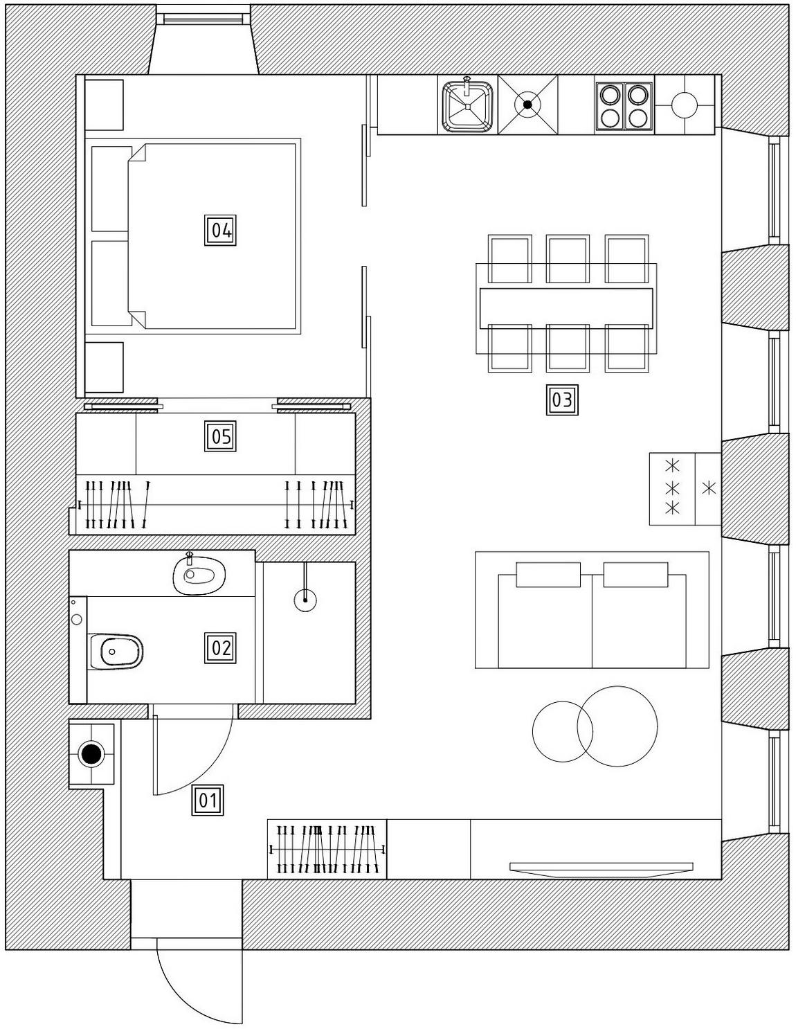 Szép téglafal és konyhasziget loft stílusú enteriőrben - fiatal nő és kutyája laknak az 50m2-es, egyszobás lakásban