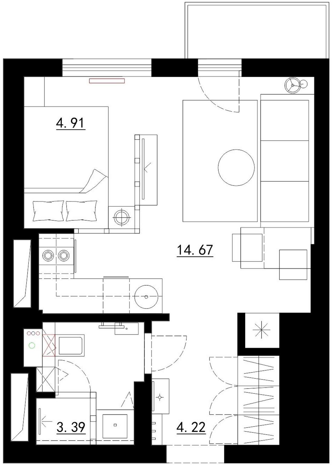 Kis lakás egyszerű, stílusos, költségkímélő berendezéssel, a 28m2-es területen ügyesen leválasztott hálószobával