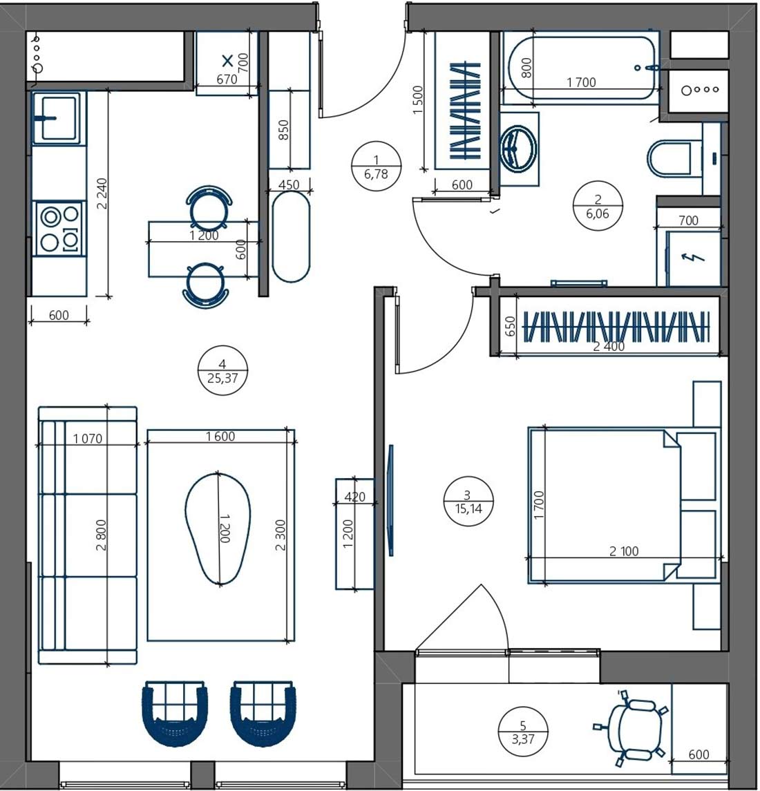 55m2-es kétszobás lakás nem szokványos berendezése - érdekes grafikus elemek és színek