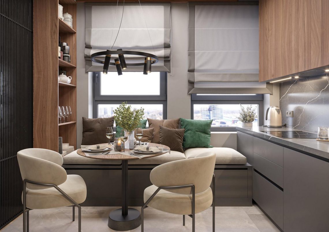 Kényelmes, különleges hangulat grafitszürke, fa, zöld és terrakotta színek elegáns kombinációjával 51m2-en