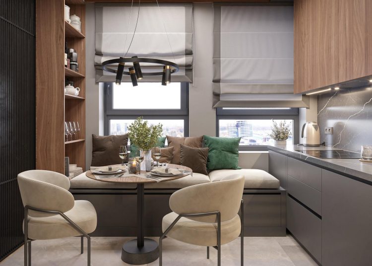 Kényelmes, különleges hangulat grafitszürke, fa, zöld és terrakotta színek elegáns kombinációjával 51m2-en