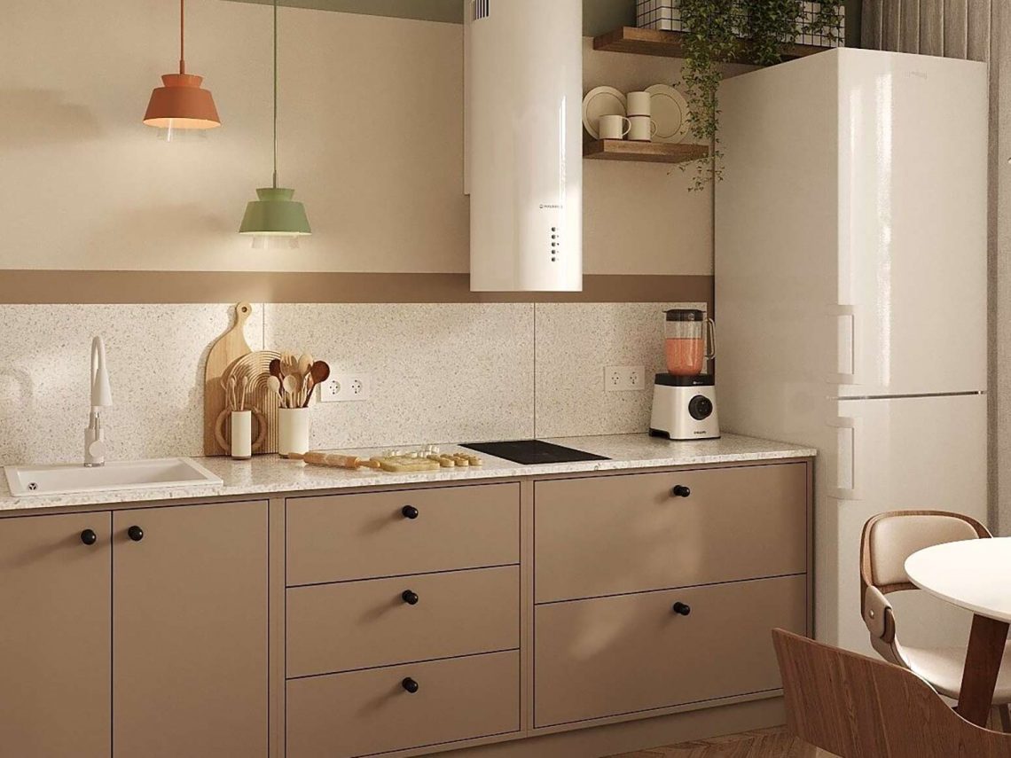 Nagyon otthonosan berendezett 35m2-es, egyszobás lakás - modern konyha gyönyörű kávé színben