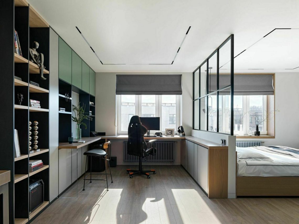 Elrejthető kis konyha és nyitott hálószoba 44m2-en - fiatal férfi modern otthona