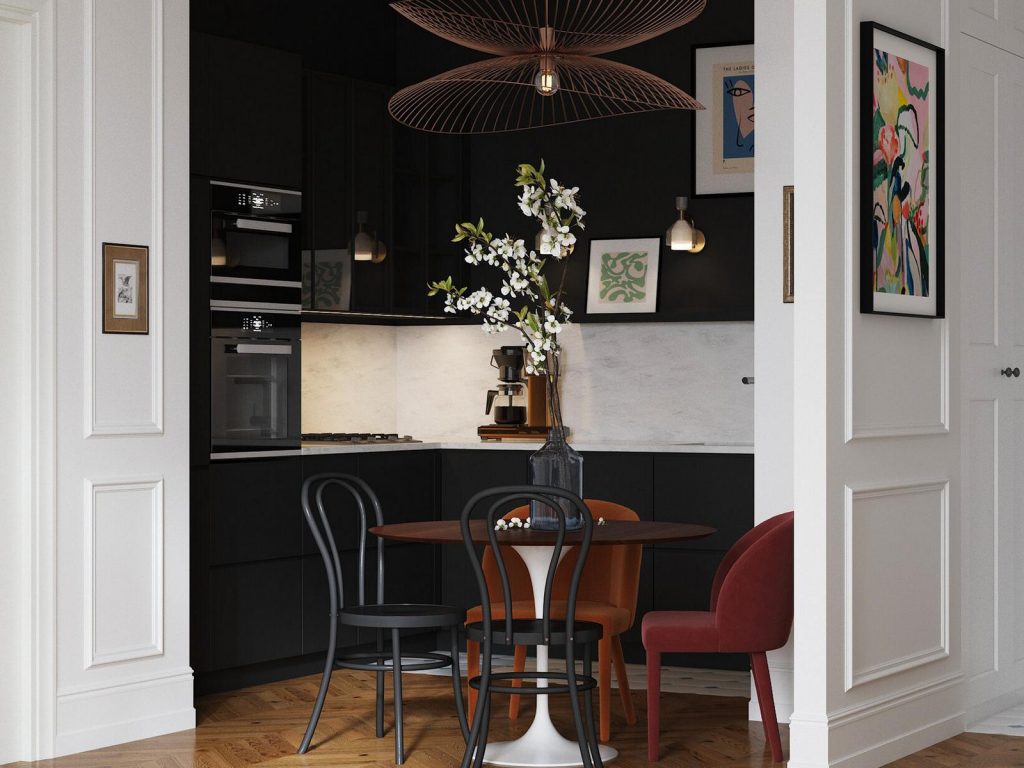 Különleges kis fekete konyha és hálószoba dekoráció, világos, hangulatos nappali kétszobás lakásban