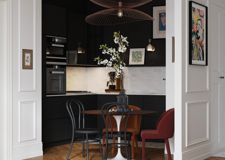 Különleges kis fekete konyha és hálószoba dekoráció, világos, hangulatos nappali kétszobás lakásban