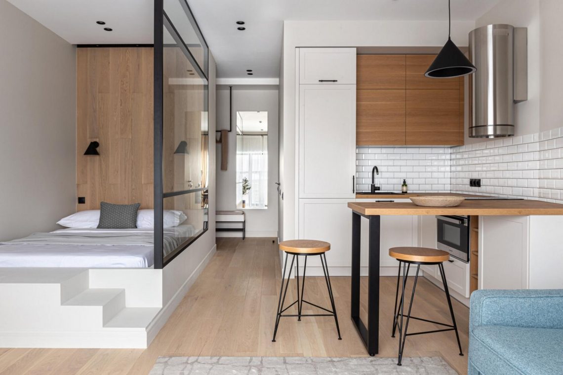 Lakóparkban vásárolt 32m2-es lakás letisztult, modern, sallangmentes berendezése