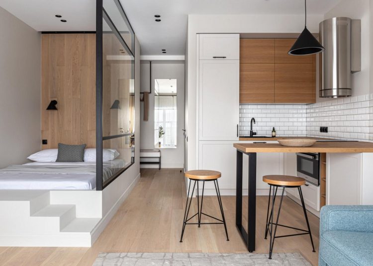 Lakóparkban vásárolt 32m2-es lakás letisztult, modern, sallangmentes berendezése