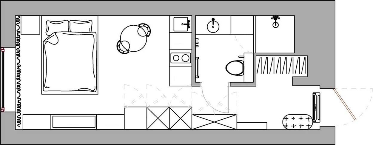 Mini lakás látványos tapétával, biokandallóval és tágas gardróbszekrénnyel - 23m2