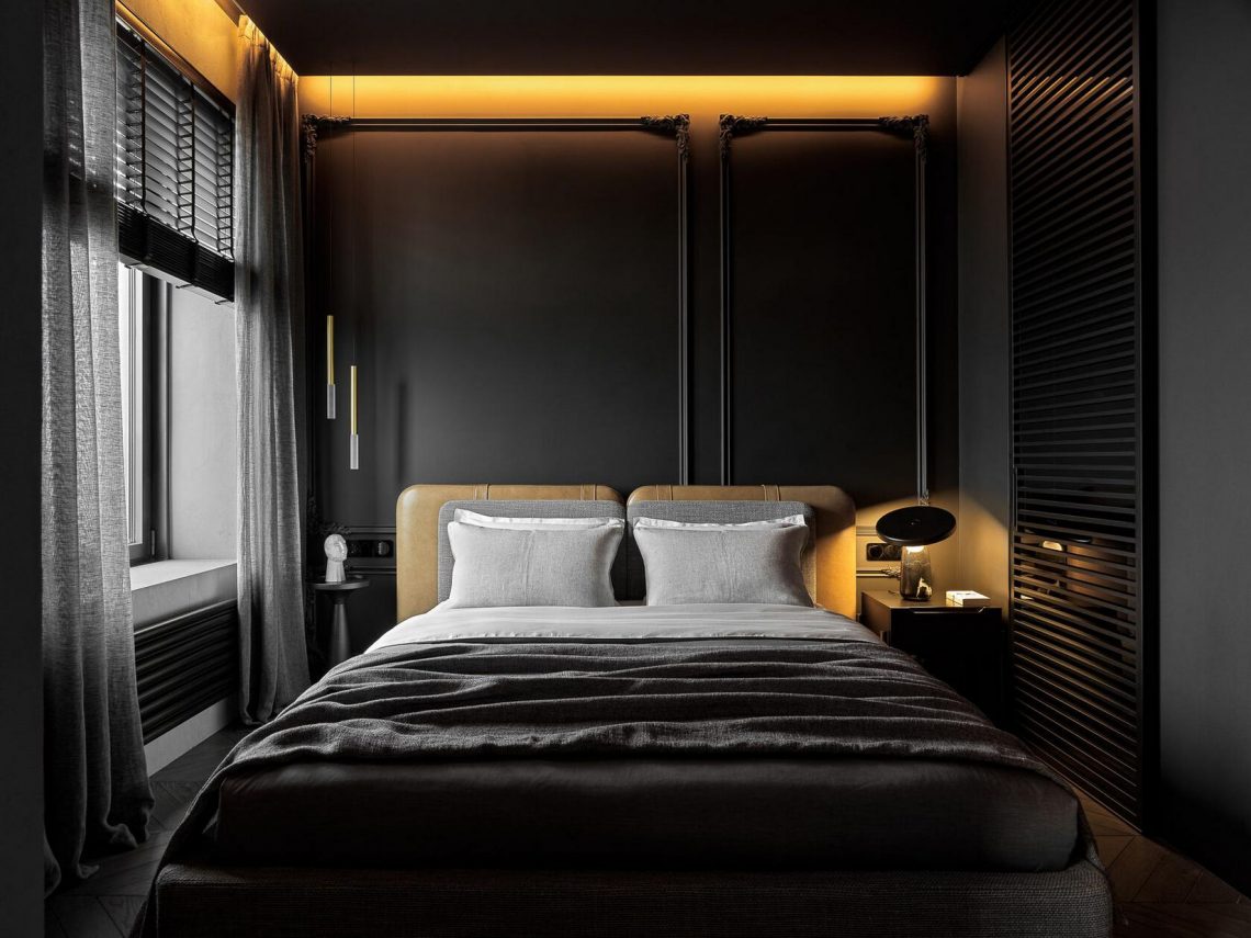 Teljesen fekete, különleges enteriőr fiatal férfi 36m2-es lakásában