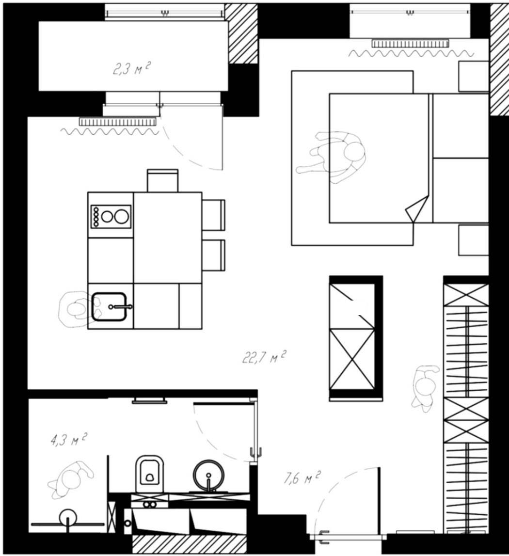 Teljesen fekete, különleges enteriőr fiatal férfi 36m2-es lakásában