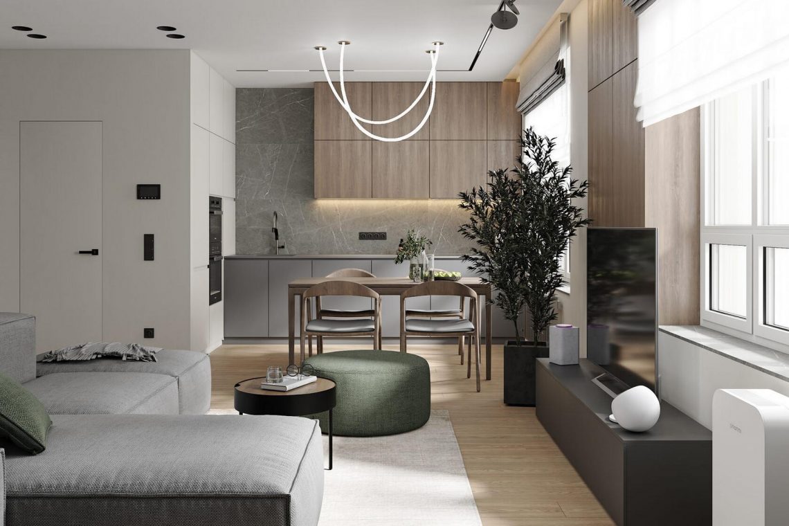 Fiatal informatikus házaspár 62m2-es otthona fehér, fa és szürke kombinációjával