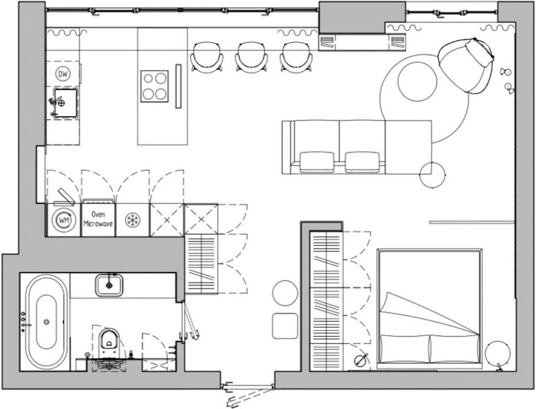 Egységes, nyitott tér design bútorokkal és kiegészítőkkel