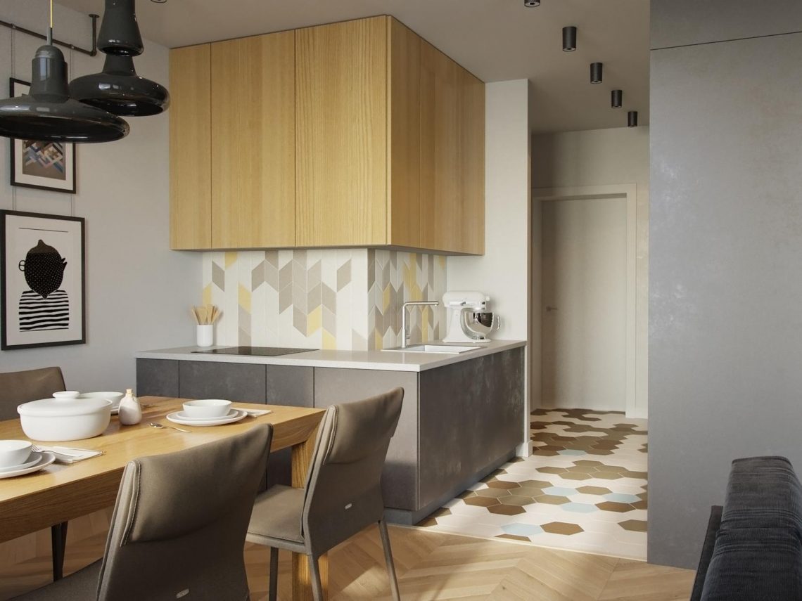 Kis lakás szokatlan konyhával, modern, érdekesen kialakított élettérrel