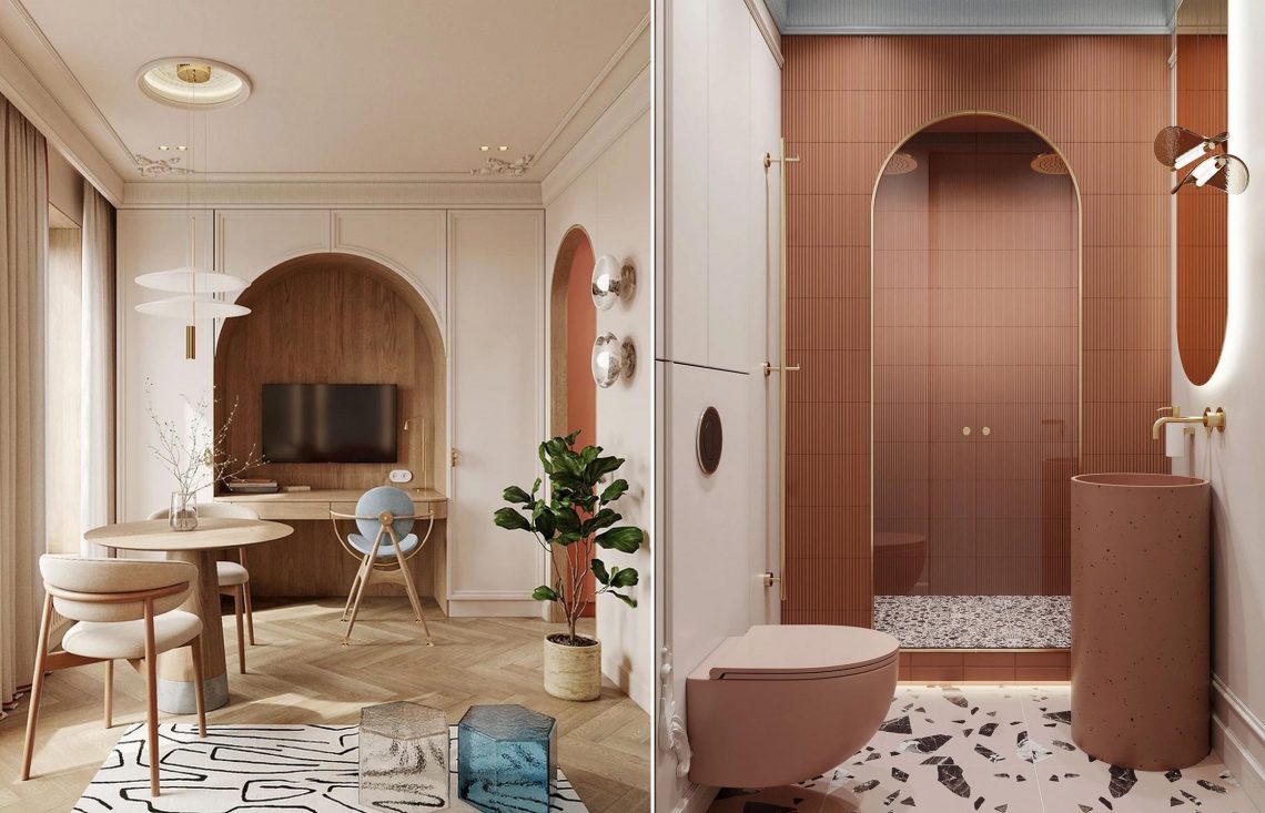 Fiatal nőnek tervezett 30m2-es lakás lágy, meleg színekkel, íves formákkal