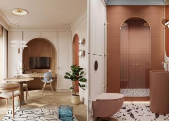 Fiatal nőnek tervezett 30m2-es lakás lágy, meleg színekkel, íves formákkal