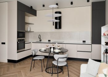 Szabálytalan alakú új építésű lakás modern stílusú berendezése 54m2-en