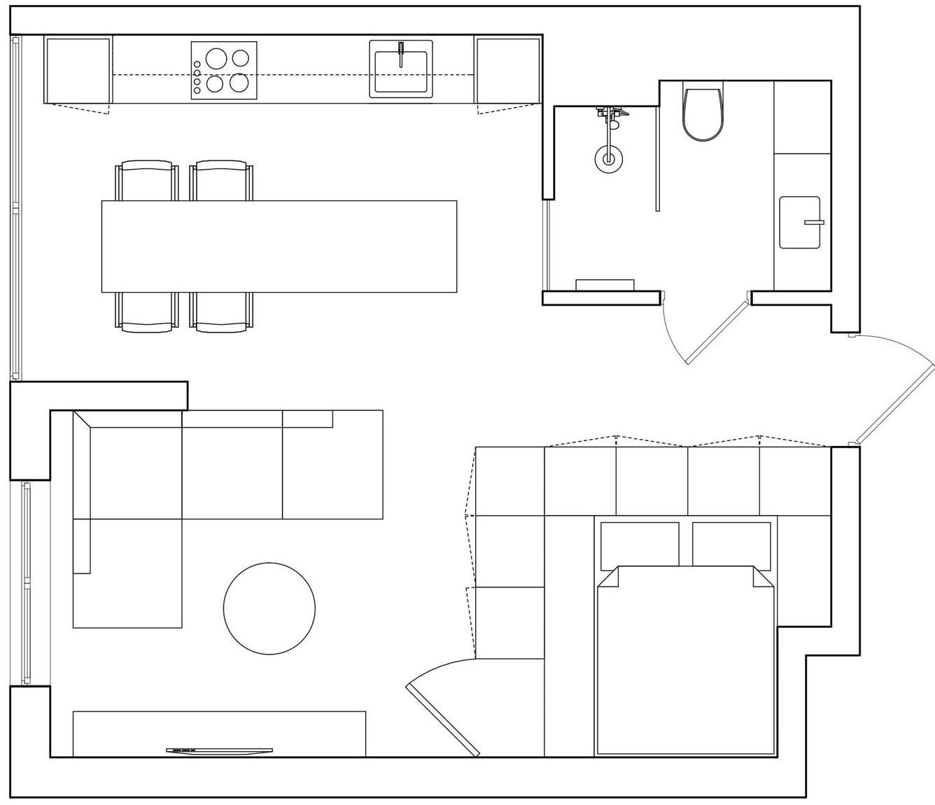 Szekrény, mely egyszerre fal és tárolóhely - 40m2-es lakás modern, ötletes berendezése