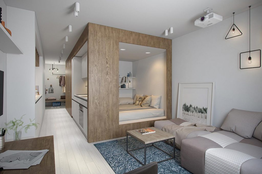 Zseniálisan berendezett keskeny kislakás nem szokványos konyha és háló kialakítással, 30m2