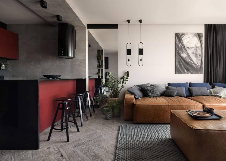 Férfias lakás stílusosan - borvörös, antracitszürke és konyakbarna egy 42m2-es modern enteriőrben