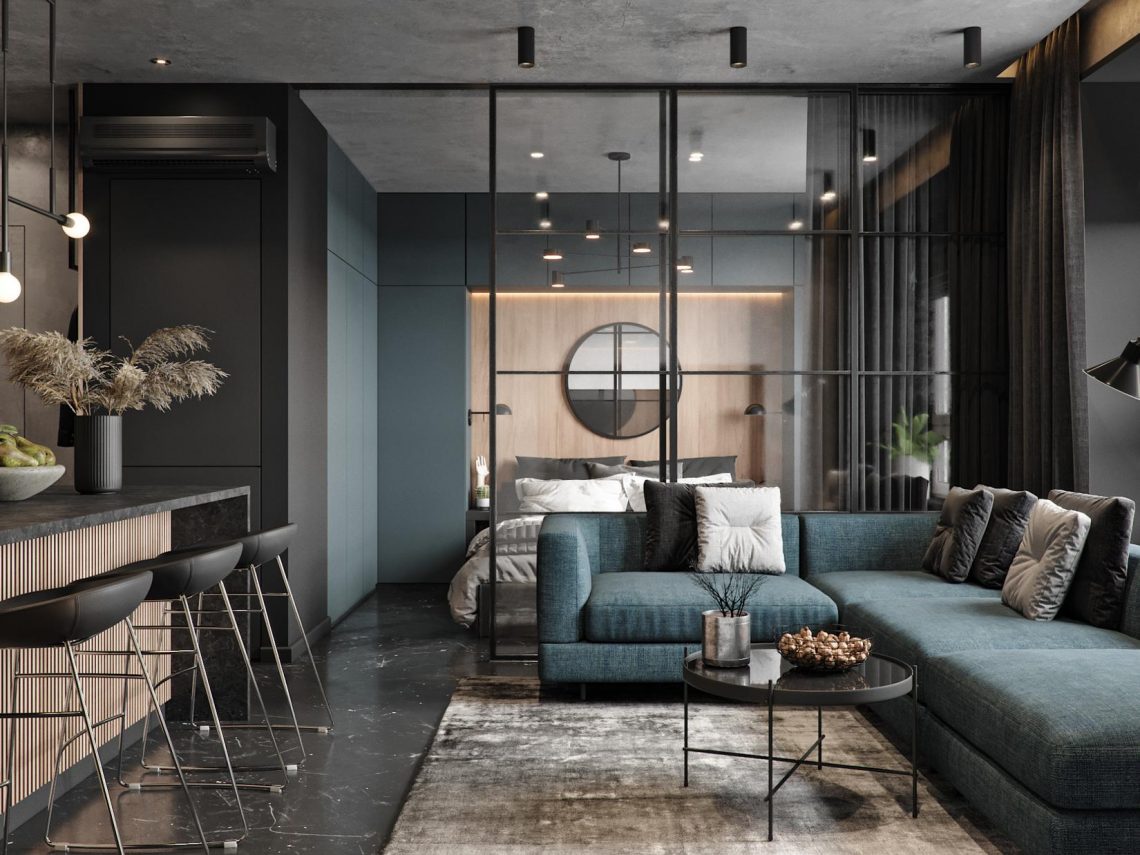 Remek nyitott elosztás és nagyon hangulatos sötét dekoráció 40m2-es lakásban