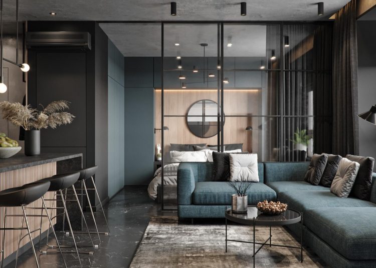 Remek nyitott elosztás és nagyon hangulatos sötét dekoráció 40m2-es lakásban