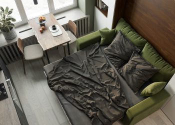 Szekrényágy egyetemista fiúnak helytakarékosan berendezett mini lakásban, 19m2