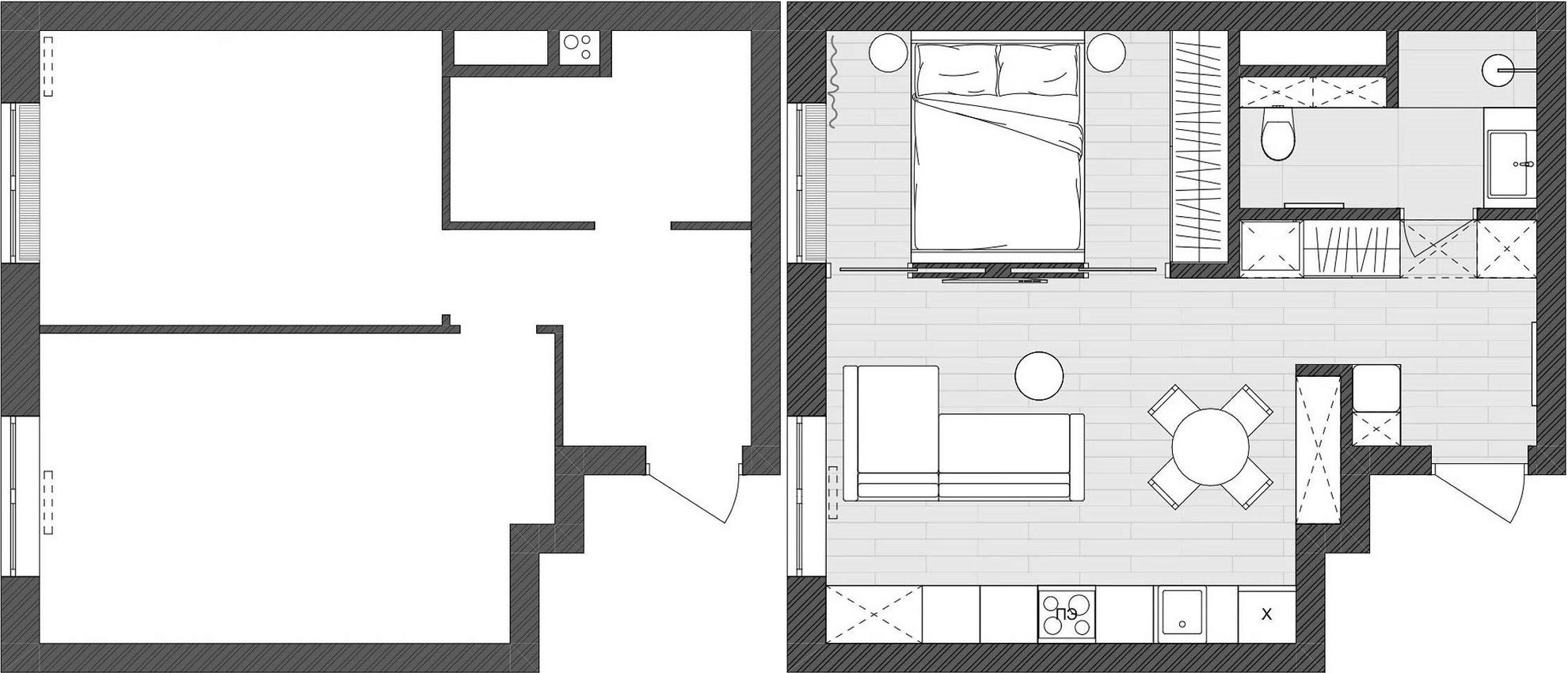 Természetes minimalizmus, helytakarékos tolóajtók egy 42m2-es lakásban