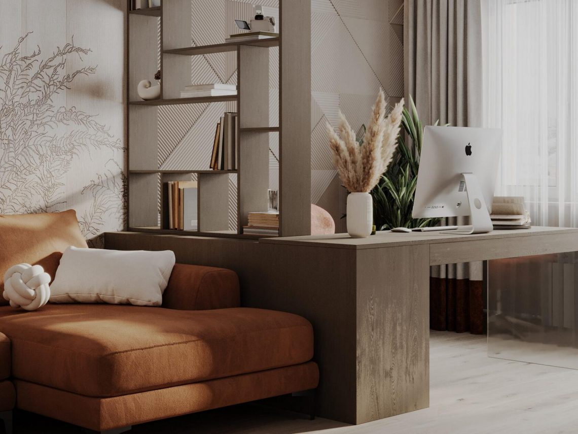 Anya és lánya meleg földszínekkel berendezett lakása otthoni munkahellyel, 70m2