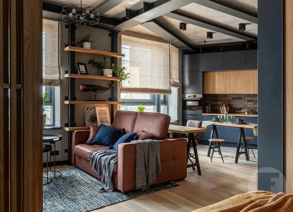 Férfiasra hangolt 45m2-es lakás loft stílusú berendezéssel