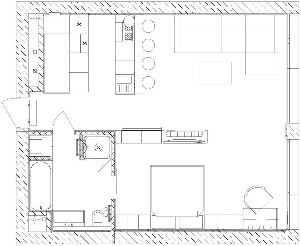 Fiatal nő modern otthona sötét színekkel, nyitott elrendezéssel, 50m2