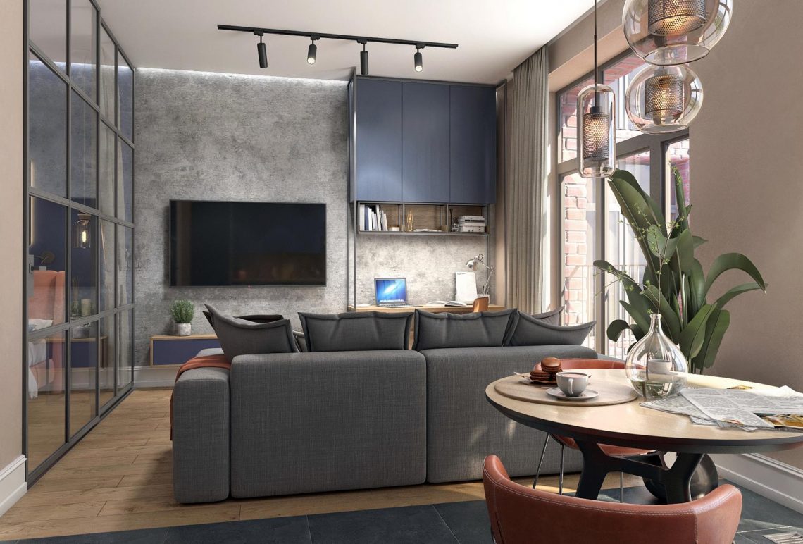 Harmonikus kontraszt: modern stúdiólakás berendezés színes elemekkel