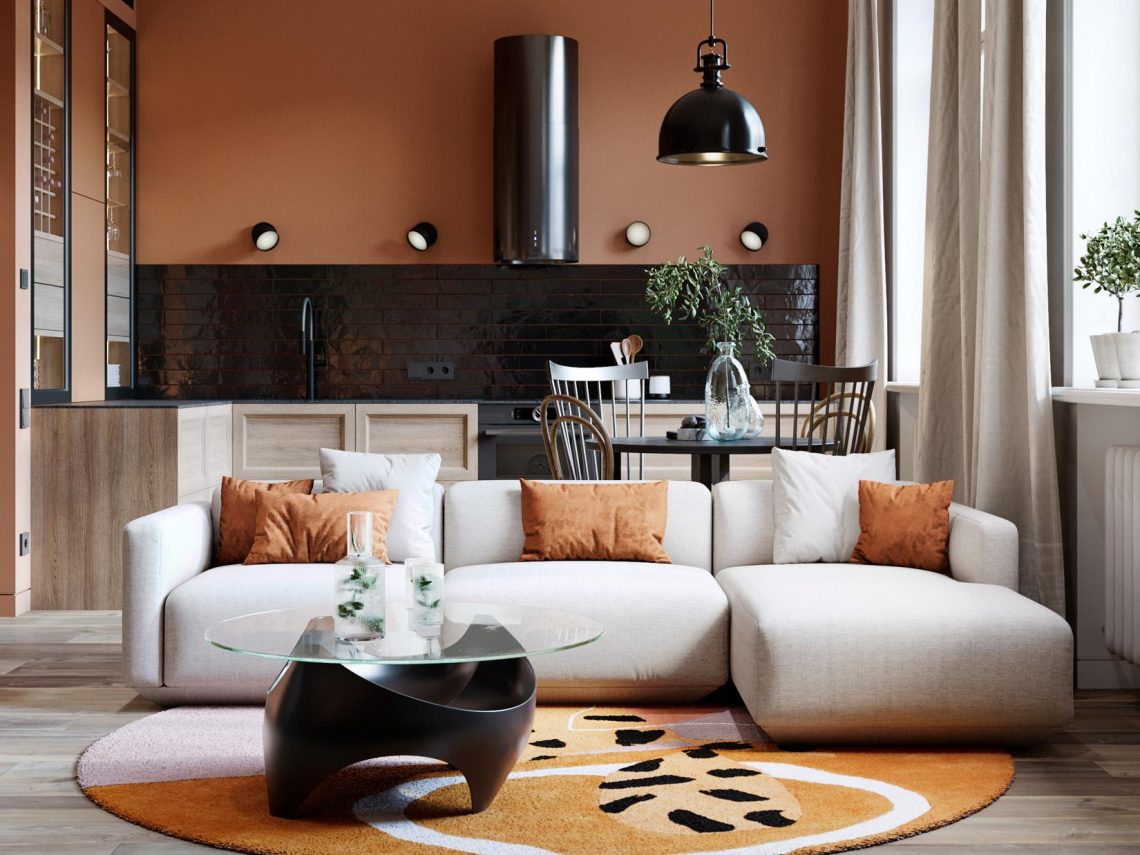 Meleg terrakotta szín férfi modern stílusban berendezett lakásában, 55m2