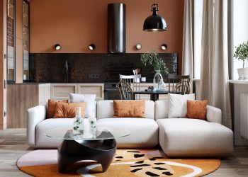 Meleg terrakotta szín férfi modern stílusban berendezett lakásában, 55m2